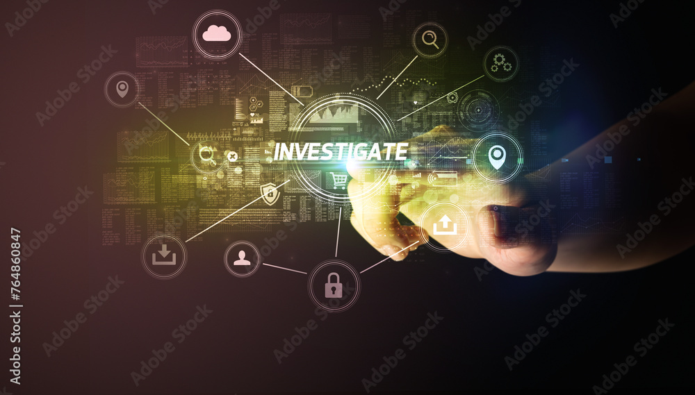Poster hand touching cybersecurity button concept