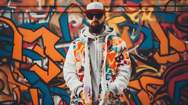 Portrait of a man in hip hop style on a graffiti background