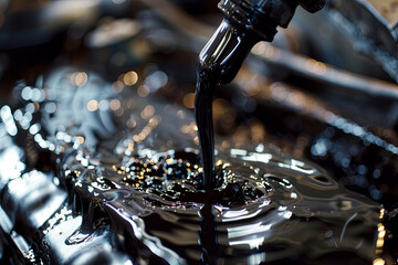 Used black oil being drained from a car’s engine. The process of draining old car oil - obrazy, fototapety, plakaty