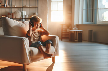 Junge Heranwachsender sitzt barfuß lächelnd auf Sessel Couch helles Wohnzimmer genießt was er hört Musik Gefühle freudig Spaß träumend Rückzug emotional Erholung glücklich geerdet ausgeglichen ruhig  - obrazy, fototapety, plakaty