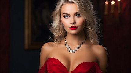Close-up portrait of a gorgeous seductive blonde in a red dress with a plunging neckline, perfect skin and a diamond necklace posing for the camera