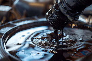 Used black oil being drained from a car’s engine. The process of draining old car oil