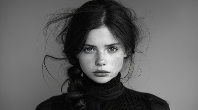Pretty young brunette woman portrait. Retro black and white photo. Vintage photography. Beautiful girl look camera. Female face natural beauty, no makeup. Attractive model studio. Sad dramatic emotion