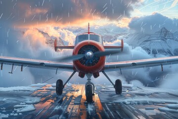 Dramatic image of a red and white propeller plane on a snowy runway with a stormy mountain backdrop - Powered by Adobe