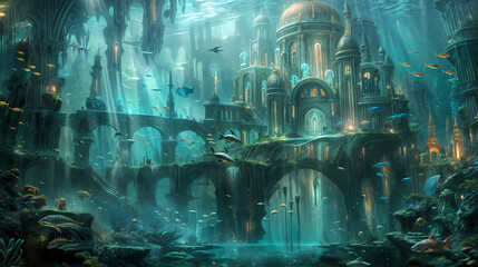 An underwater city with ruins and lots of fish