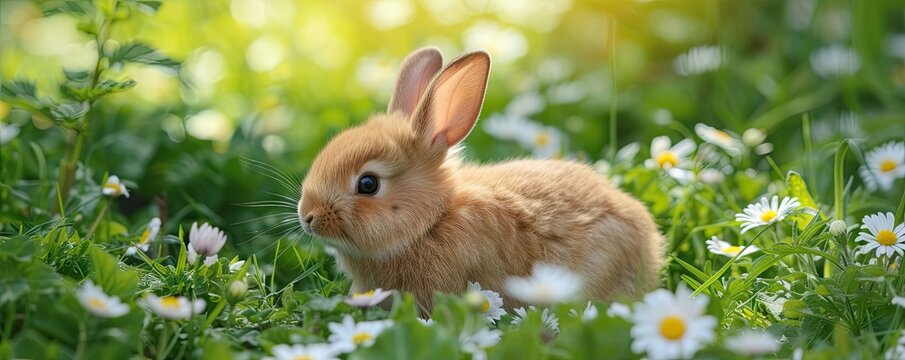 Cute rabbit on green grass in spring background. Rabbit in wild flowers.