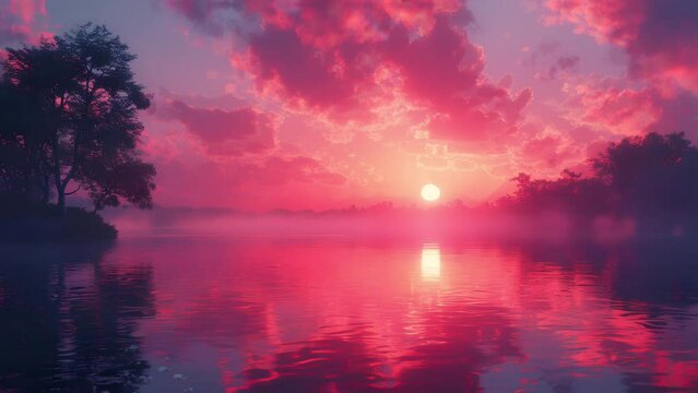 Vivid Sunrise Over Tranquil Lake: Nature Landscape Photography