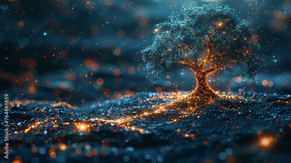 Fototapete In a digital futuristic polygonal style, a tree grows as a leader. An artificial intelligence or technological source of energy is implied by this illustration.