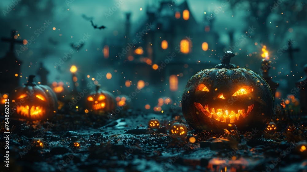 Sticker Graveyard with pumpkins in a spooky night - Halloween background