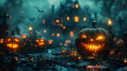 Graveyard with pumpkins in a spooky night - Halloween background