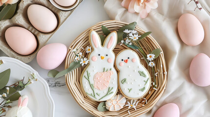 Decorative bunny and chick cookies with pastel Easter eggs. Homemade baking, DIY