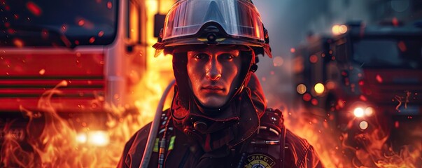 Fireman standing in front of a fire background.