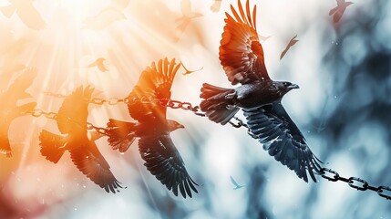 A Bird Flying and Broken Chains Concept - On The Wings Of Freedom - obrazy, fototapety, plakaty