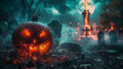 In a cemetery with a full moon, a Jack-O-Lantern stands out during a haunting night on Halloween - obrazy, fototapety, plakaty
