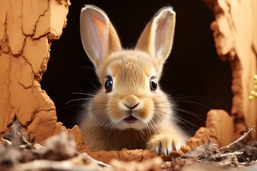 Realistic cute funny rabbit or bunny peeking out of a cut hole bright yellow background. Spring holiday and Easter background. Copy space, Generative AI.