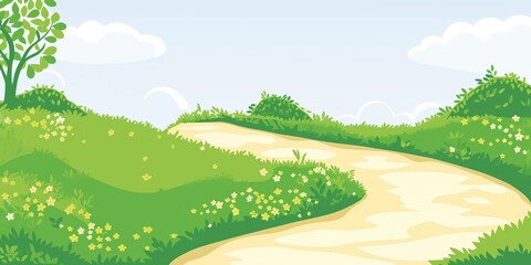  Cartoon illustration of a winding path through lush green hills under a clear sky.