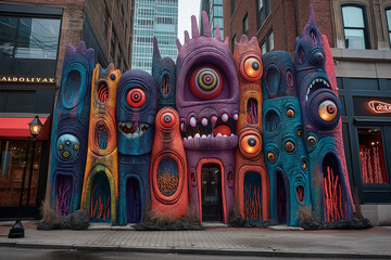 Whimsical street art installation depicting playful and exaggerated scenes to celebrate the spirit...