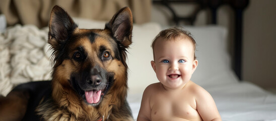  baby sitting on bed with her german shepherd, 