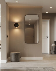 A large black mirror with a thin frame stands on the wall