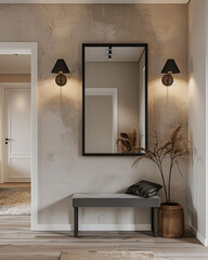 A large black mirror with a thin frame stands on the wall