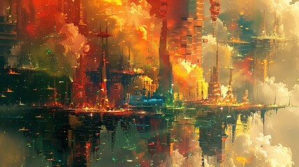 Abstract depiction of a utopian city of the future featuring towering structures and futuristic architecture set against a vibrant technologically advanced backdrop.