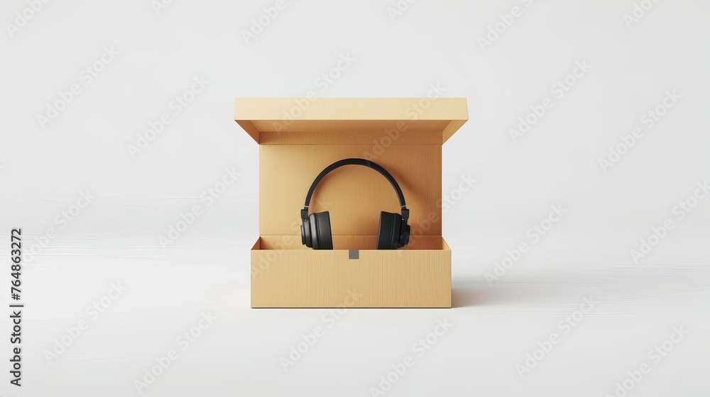 Poster An open cardboard box containing a floating laptop and headphones. Concept of fast delivery from the store. 3D Rendering. Cartoon creative design icon isolated on white background.