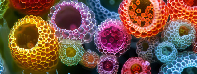 Microscopic view of colorful sea sponges, highlighting the natural patterns and cellular structure. - obrazy, fototapety, plakaty