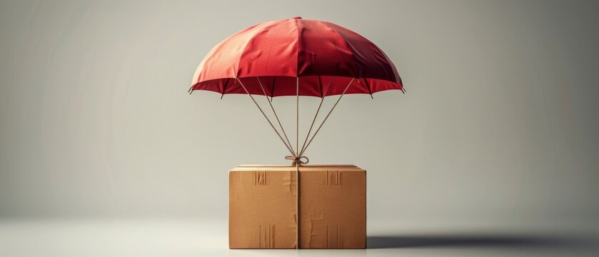 Decorative cardboard box with parachute for fast delivery. Airdrop parcels from an online store. Cargo shipment service icon. Cartoon creative design on white background. 3D rendering.