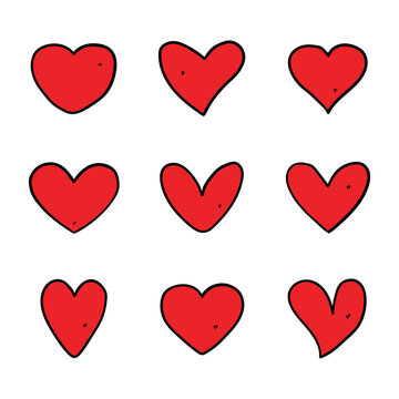 Hand drawn cartoon set of red hearts on white background.