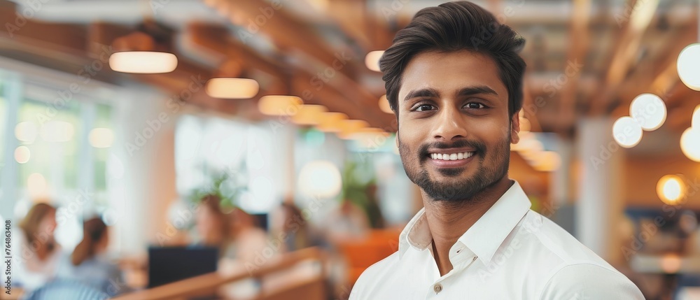 Leinwandbilder An Indian Business Analyst stands at a modern office while using a laptop computer to assess technological risks and develop strategies for the company's growth.