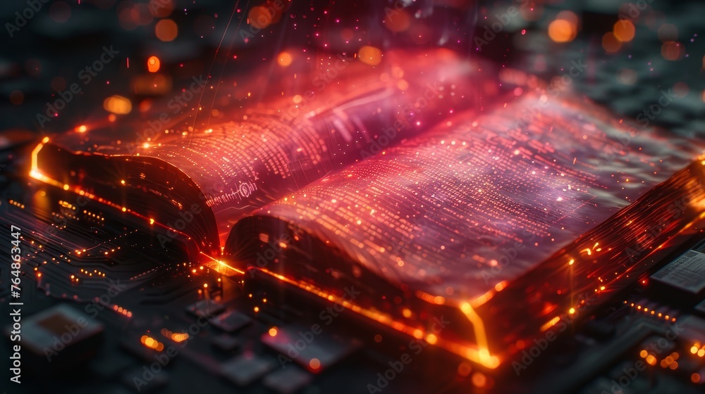 Poster hologram of a book with a luminous effect on the circuit board background. neon modern illustration 