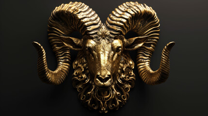 Sculpted golden ram head with intricate floral patterns, embodying antique artistry.