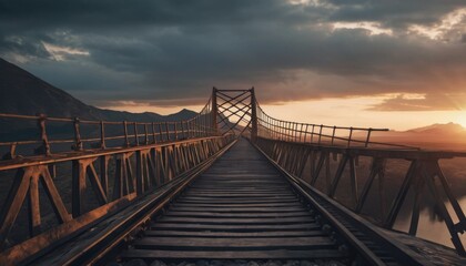 Fototapeta premium The last rays of the sun cast a fiery backdrop to a rustic bridge, its aged wooden planks and wrought iron railings evoking a time long past. The path invites onlookers into the wilderness beyond. AI