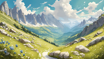 Panorama Berg Gebirge Landschaft Alpen Rocky Mountains im Sommer mit blauem Himmel weißen Wolken grünem Gras, Schönheit Erholung Urlaub wandern genießen und entdecken Täler Österreich Schweiz Gipfel