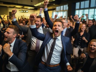 The inspiring sight of a triumphant business team celebrating their success, their hands raised in a gesture of victory, symbolizing the collective power and accomplishments of the group. - obrazy, fototapety, plakaty