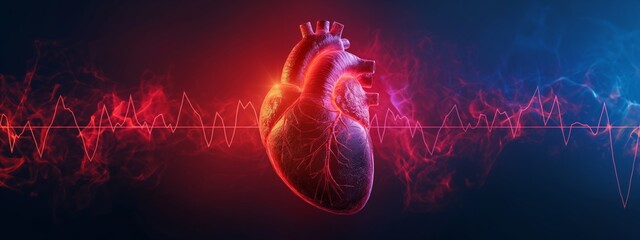 Radiant human heart with a cardiogram pulse in a vibrant, abstract medical background.