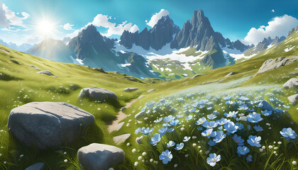 Panorama Berg Gebirge Landschaft Alpen Rocky Mountains im Sommer mit blauem Himmel weißen Wolken grünem Gras, Schönheit Erholung Urlaub wandern genießen und entdecken Täler Österreich Schweiz Gipfel