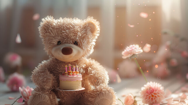Soft-focus teddy bear with a birthday cake in a dreamy field with glowing bokeh.