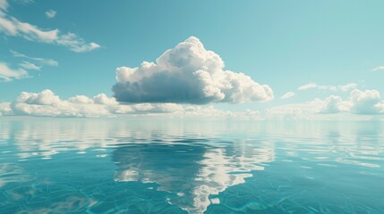  Serene seascape with a solitary cloud reflection on calm water. - obrazy, fototapety, plakaty