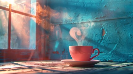 Warm steaming cup on a rustic table with sunlight through a window.