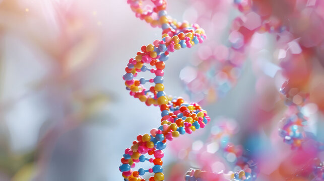 Computer-generated image of a DNA double helix with colorful coding segments.