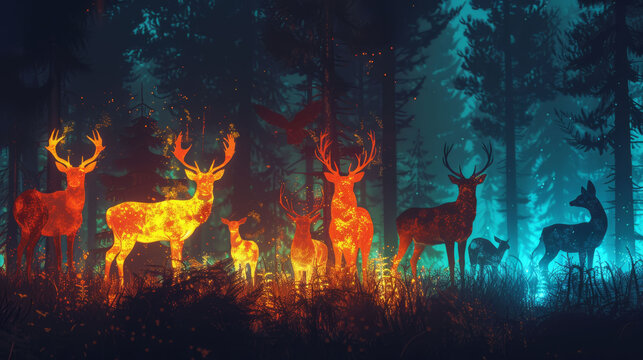 A vibrant image of deer rendered in fiery colors against a backdrop of a glowing forest.