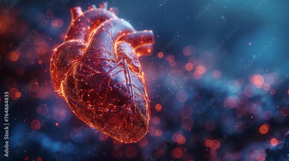 Poster an abstract red human heart behind a blue futuristic guard shield. medical concept. low poly style. 