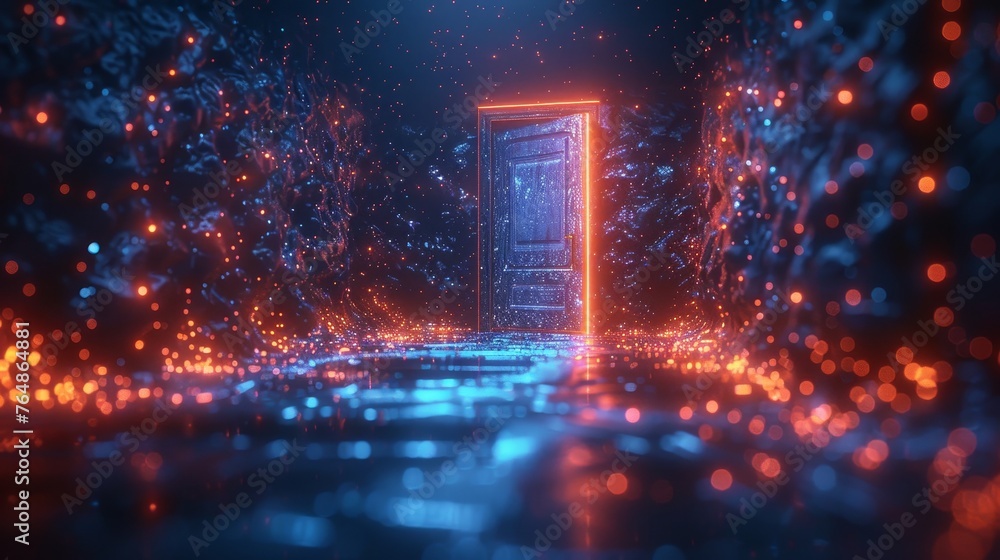 Poster a futuristic science fiction concept of an open door. wireframe glowing technology portal on a blue 