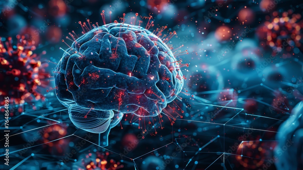 Aufkleber Brain behind a blue futuristic guard shield that is attacking red viruses. Medicine protection concept. Low poly style. Geometric background. Wireframe connection structure. Modern 3D graphic.
