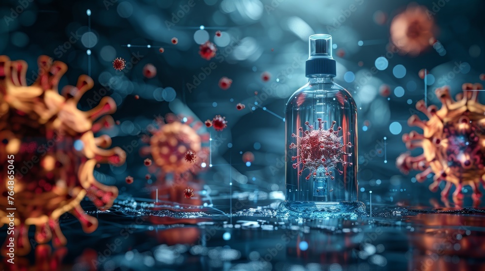 Poster conceptual illustration of a sanitizing bottle in futuristic abstract polygonal style. modern illust