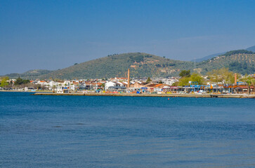 Fototapeta na wymiar Gure public beach and Edremit coast of Aegean sea (Balikesir province, Turkey)