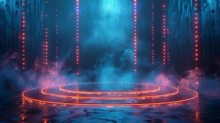 On a blue background, a stage podium with digital futuristic lighting looks like a cyberpunk arena. Modern illustration of a stage podium with lighting.