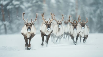 Reindeers running in snowy field