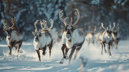 Reindeers running in snowy field